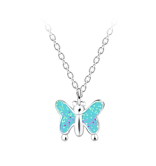 Blue Glitter Butterfly Necklace